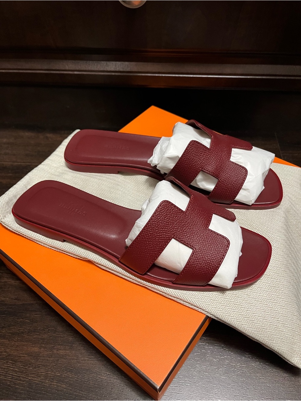 HERMES Oran Slide Sandals - Rouge H epsom leather.